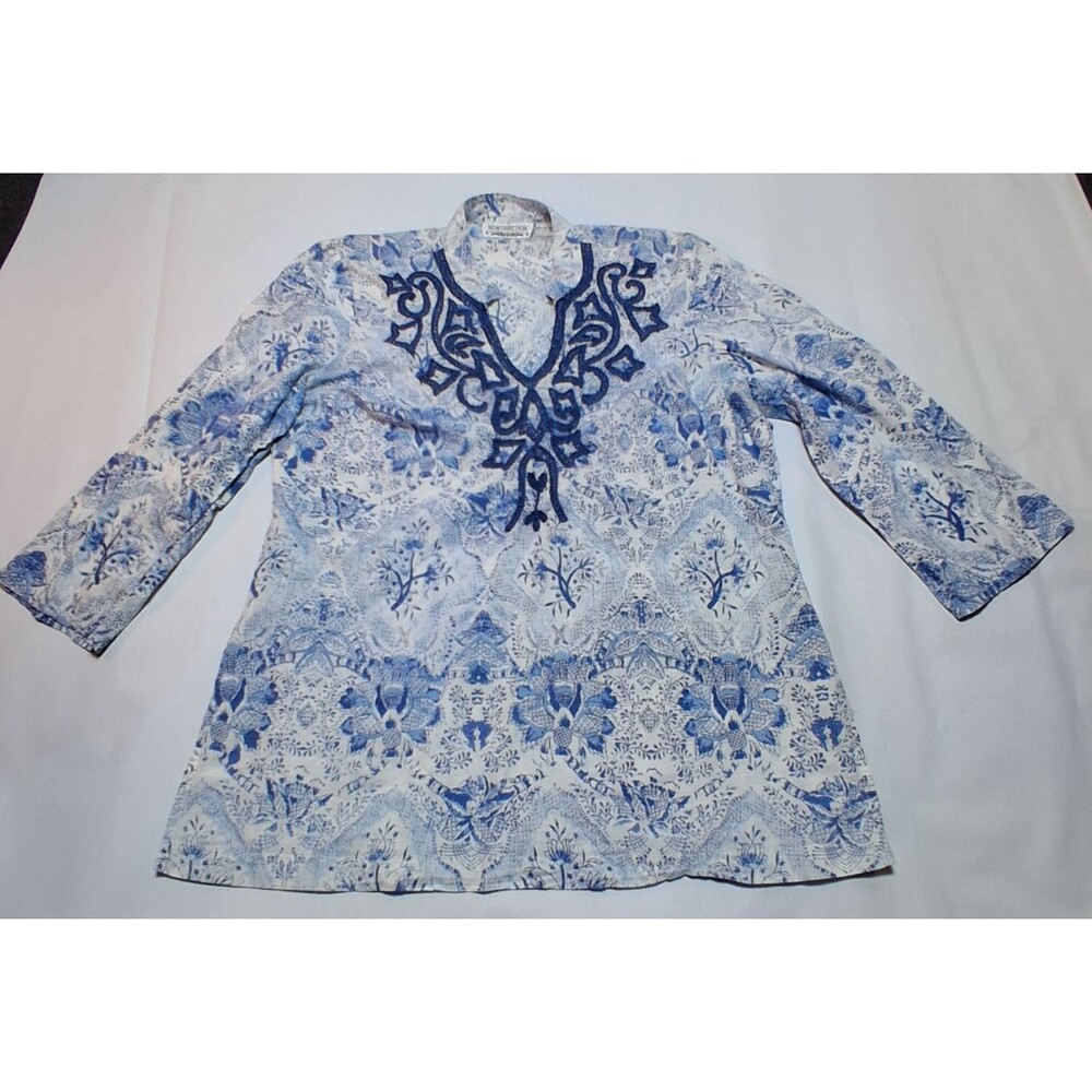 New Direction Boho Embroidered Tunic Top Blue White Floral Cotton XL Beachy